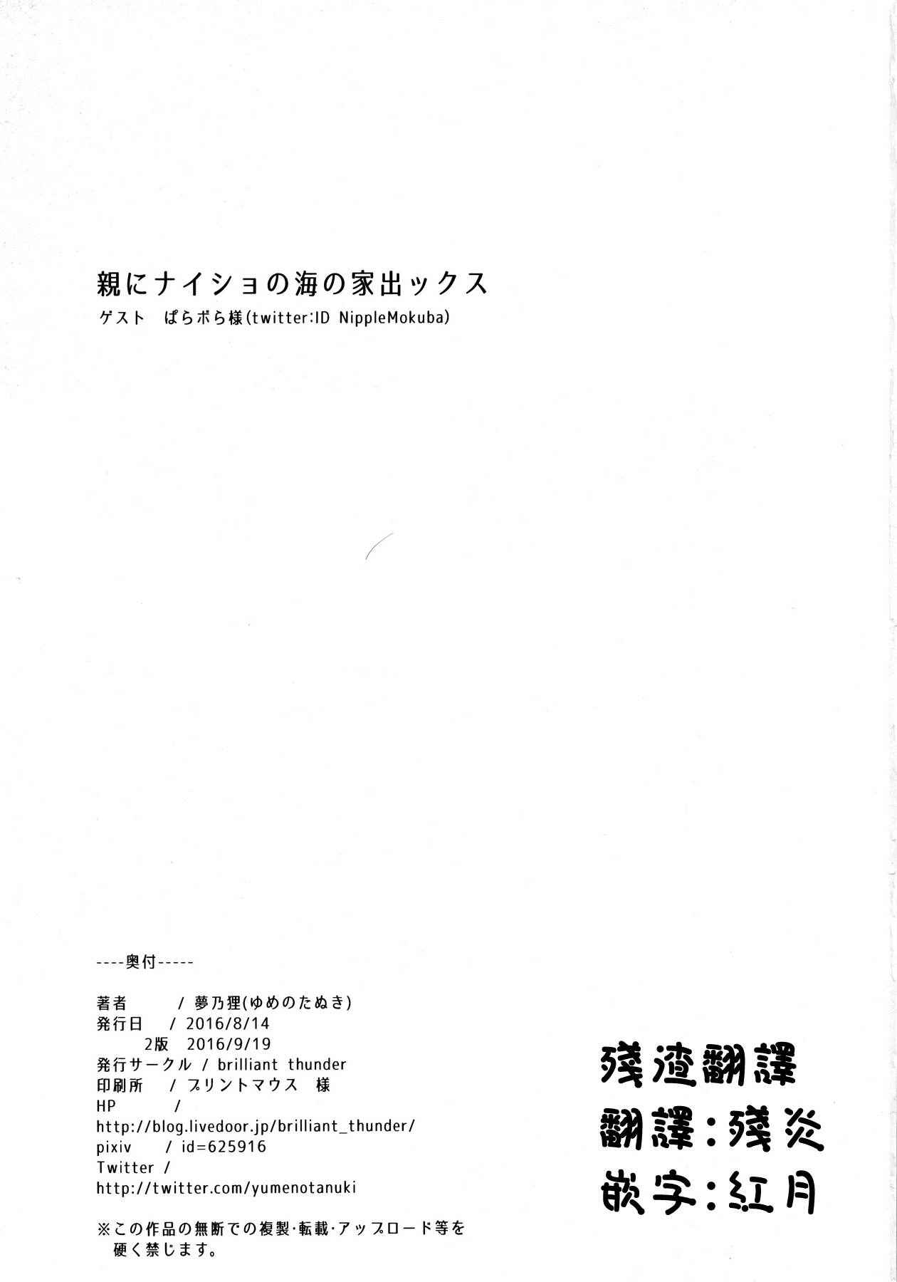 (C90) [Brilliant Thunder (Yumeno Tanuki)] Oya ni Naisho no Umi no Iedex [Chinese] [偷偷看著海邊亂交趴後在太平洋上射了殘渣翻譯]